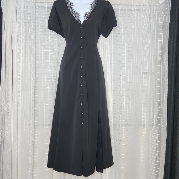 Disturbia Dresses & Skirts - Classic Black Button-Front Midi Dress with Lace Trim